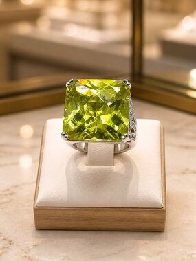 Size 7.5 Lime Green CZ Square 925 Sterling Silver statement Ring